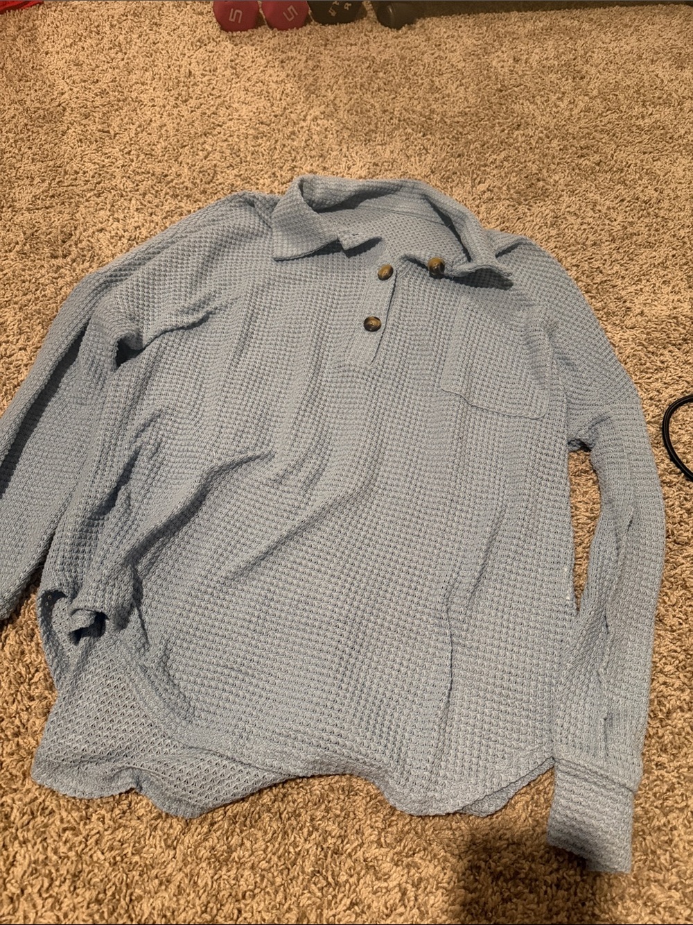 Light Blue Waffle Knit Pullover with Buttons